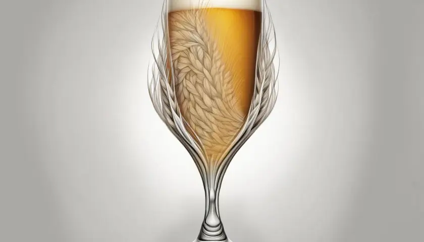 Verre de bière ambrée avec des épis de blé entrelacés, évoquant la levure Bry 97.