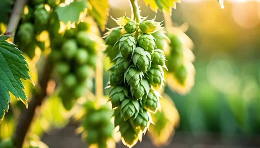 Grappes de houblon mur, baignant dans la lumière dorée du soleil couchant. Les cônes verts sont prêts pour la récolte.