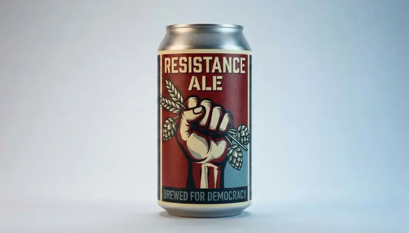 Canette de bière américaine "Resistance Ale", brassée pour la démocratie, avec un poing serré tenant du blé et du houblon.