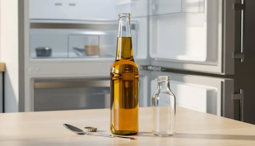 Une bouteille de bière ambrée, une petite bouteille vide, une cuillère et un décapsuleur sur une table en bois devant un réfrigérateur ouvert. La bière évoque le savoir-faire de **de molen brasserie**.