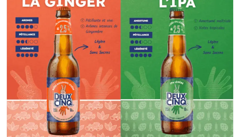 Deux bouteilles de bière, une Ginger et une IPA, présentées comme légères et sans sucres. La bière sans sirop de glucose, une option rafraîchissante.