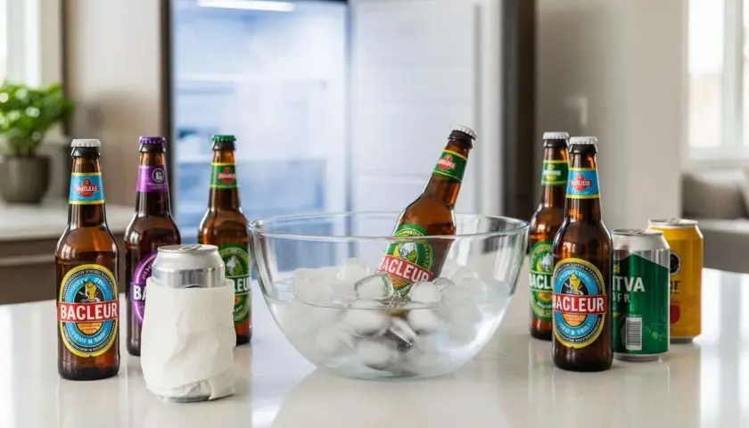 Bouteilles de bière Bagleur refroidissant dans un bol de glace. Attention, cette bière pourrait avoir un effet laxatif !