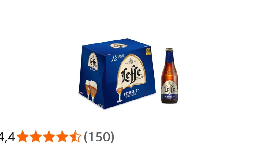 Boîte de 12 bières Leffe Rituel 9°, une bière blonde belge forte, intense et moelleuse. Une bouteille est présentée à côté.