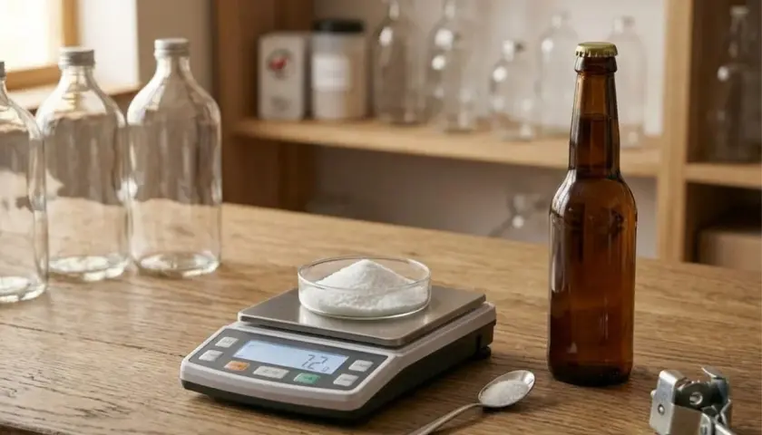 Préparation pour la fermentation bière : balance de précision, levure, bouteilles vides et une bouteille de bière ambrée.