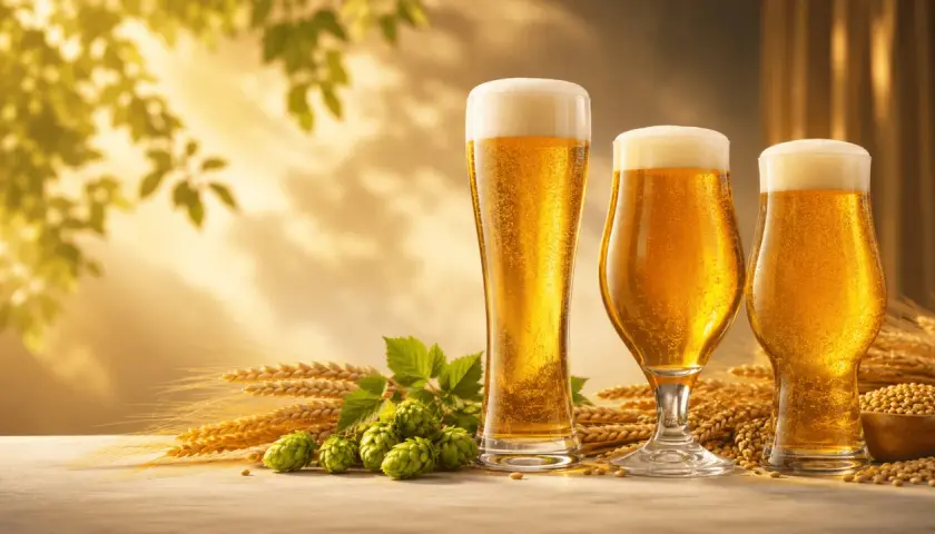 Trois verres de type de bière blonde pétillante, accompagnés de houblon frais et d'épis de blé dorés, sous une lumière chaude.