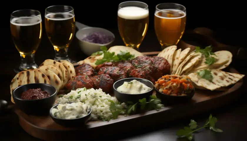 Un accord met et bière parfait : brochettes grillées, pains plats, sauces et bières ambrées.