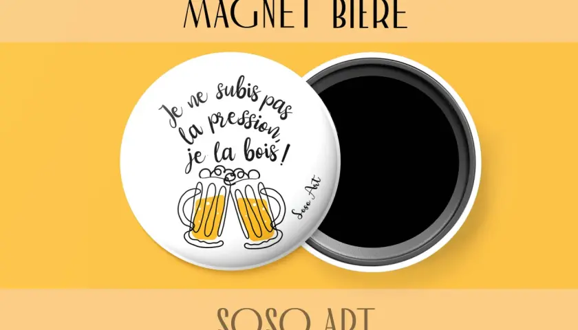 Aimant "Magnét Bière" avec un dicton humoristique sur la bière et deux verres stylisés.