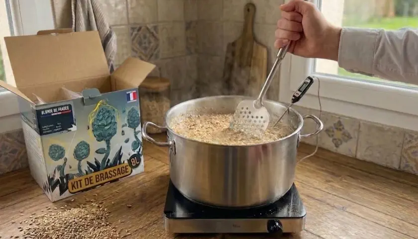 Kit de bière blanche en fabrication. Un homme remue le moût dans une marmite avec une écumoire et un thermomètre.