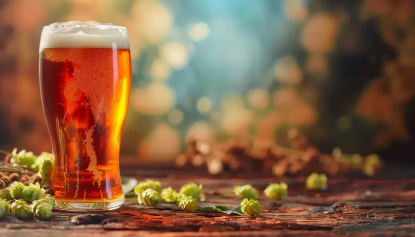 Un verre de bière ambrée mousseuse, entouré de cônes de houblon frais sur une table en bois. L'alcool, issu du houblon, promet une dégustation savoureuse.