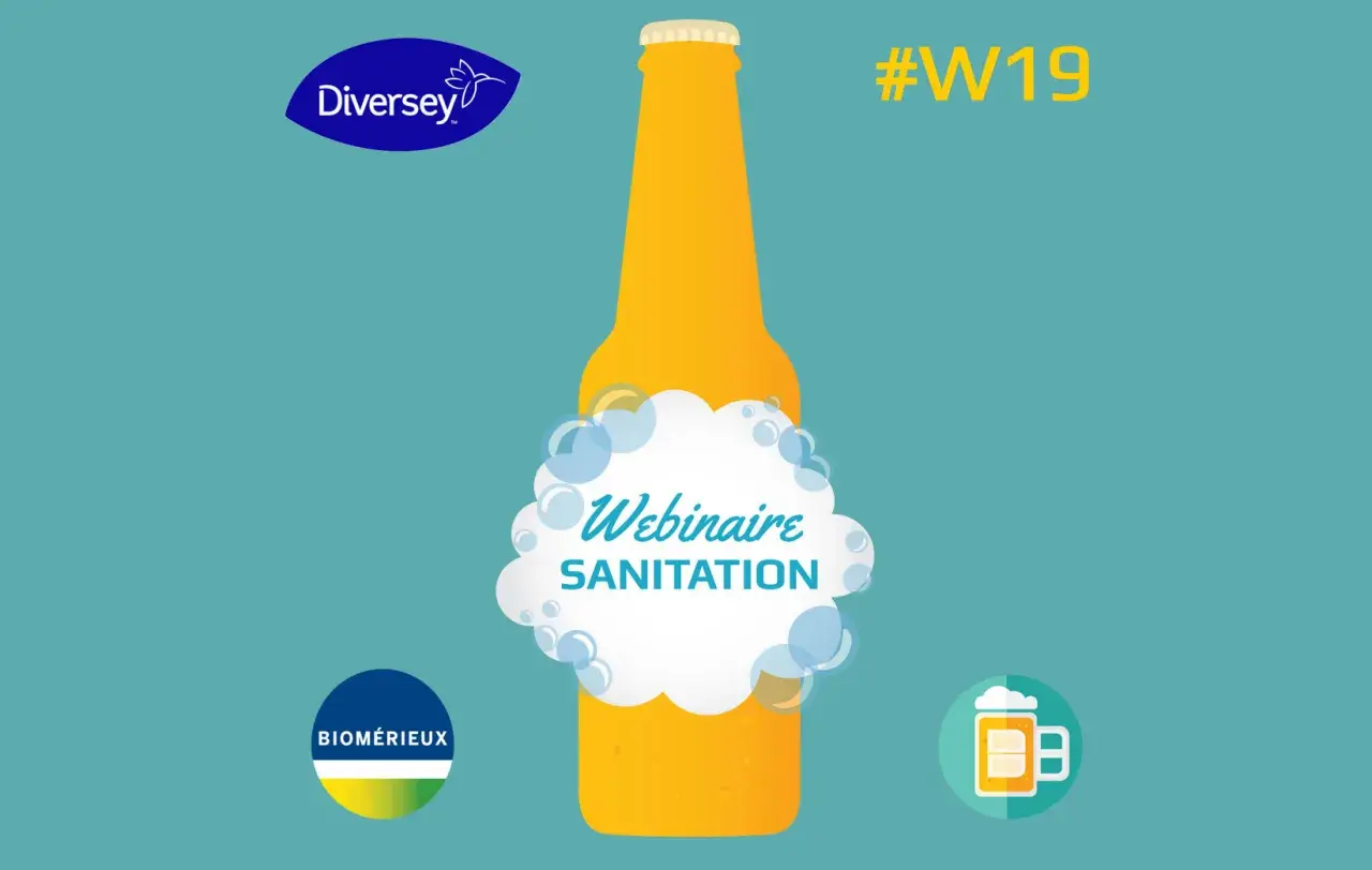Webinaire sur la **fermentation secondaire bière** et la sanitation, avec logos Diversey et Biomerieux. #W19