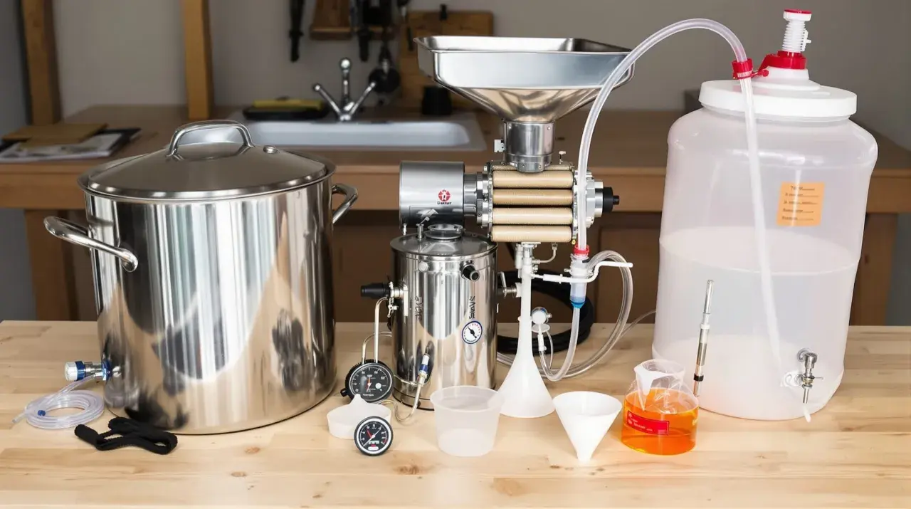 Ensemble pour brassage de bière sans malt : cuve, moulin, fermenteur et accessoires.