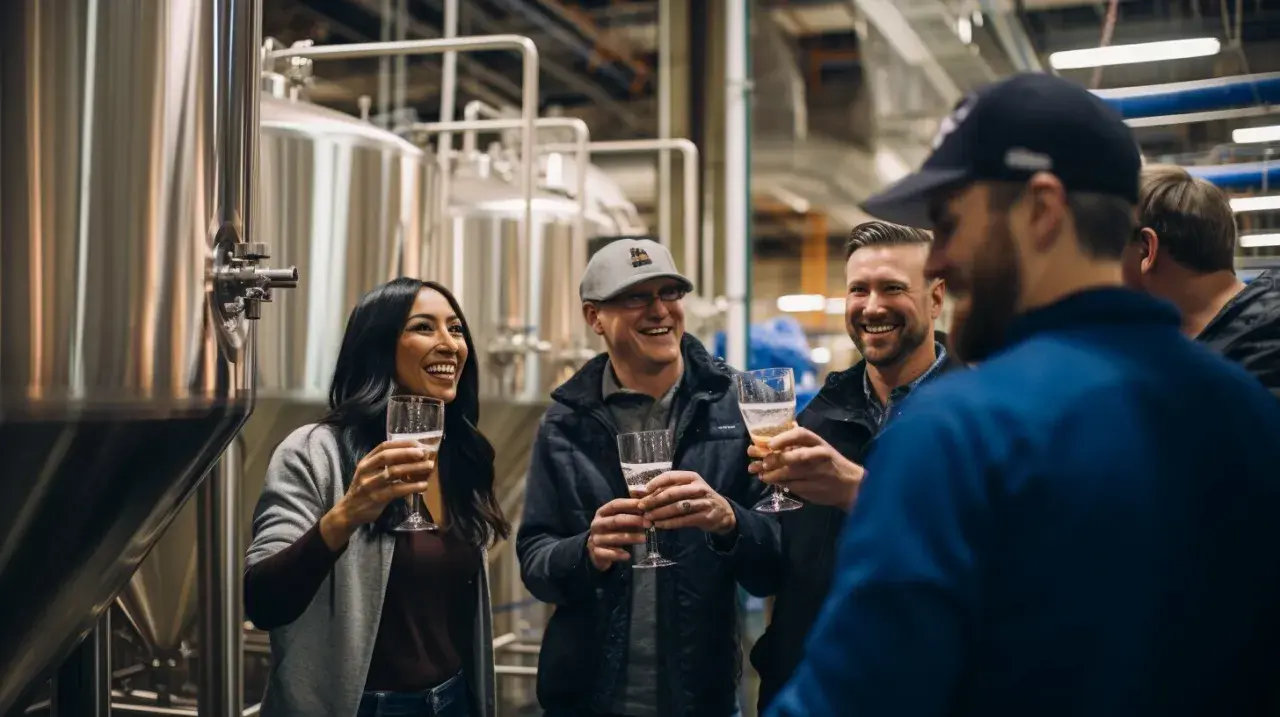 Un groupe d'amis rit et trinque avec des verres de bière dans une brasserie, près d'immenses cuves en acier. Une dégustation de Camden beer.