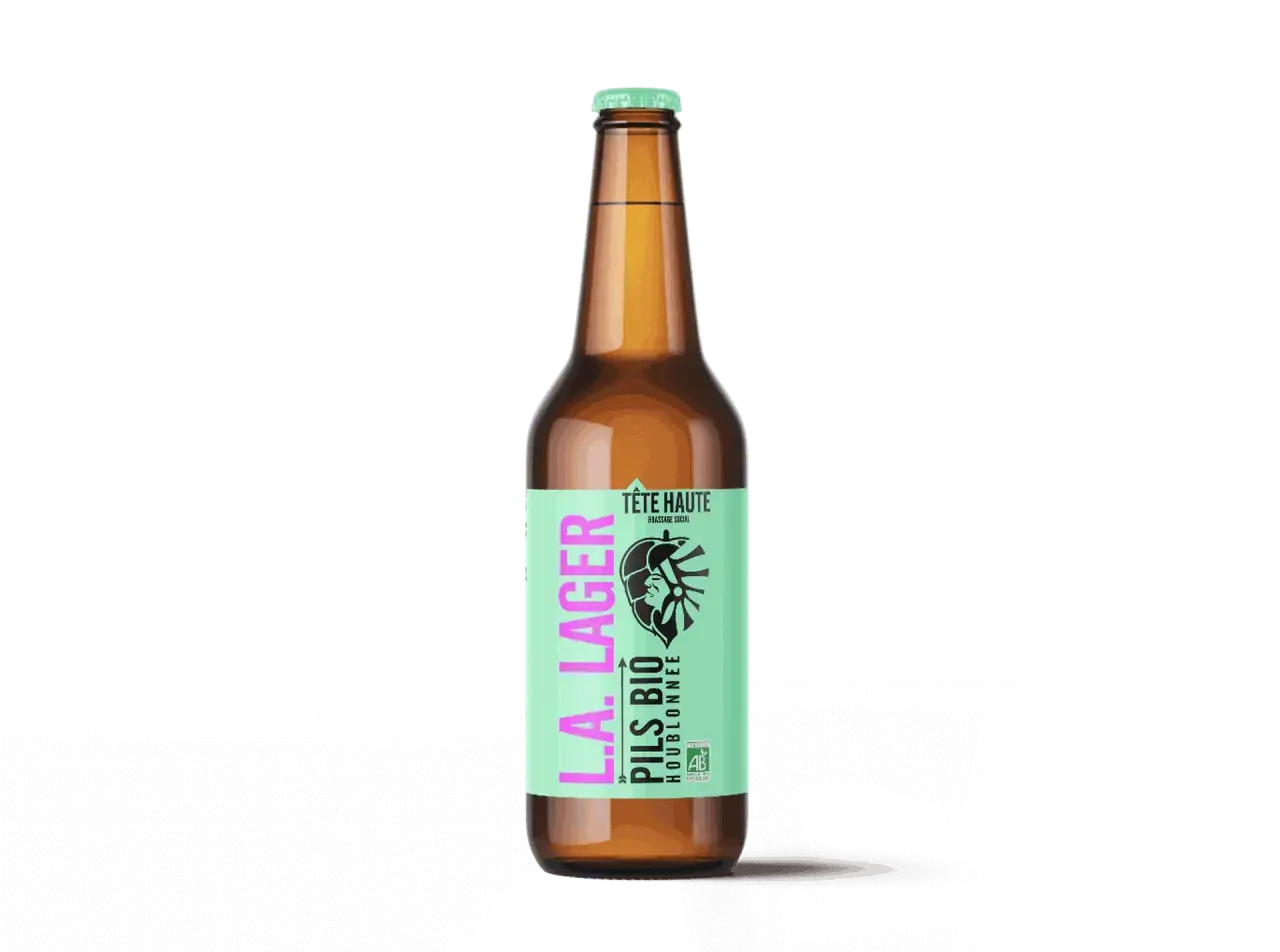 Bouteille de bière finlandaise L.A. Lager, une Pils Bio houblonnée de la brasserie Tête Haute.