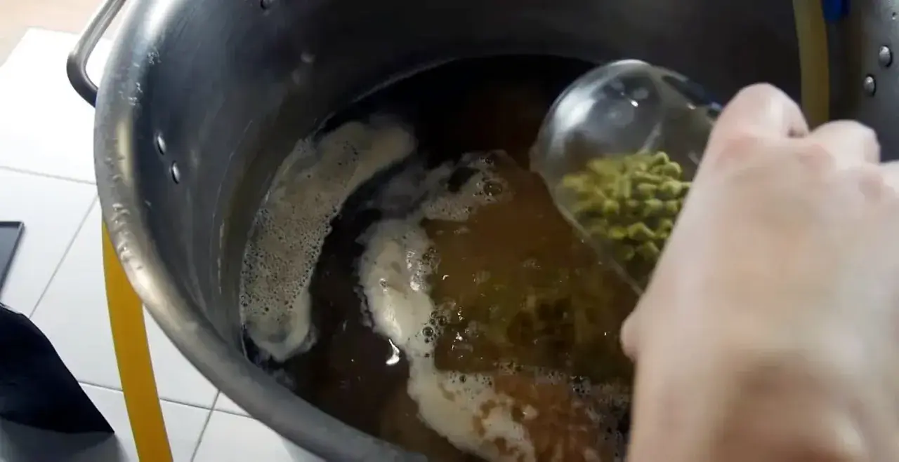 Ajout de houblon dans la cuve de brassage. Le houblon, essentiel pour l'amertume et les arômes de la bière, est versé dans le moût bouillant.
