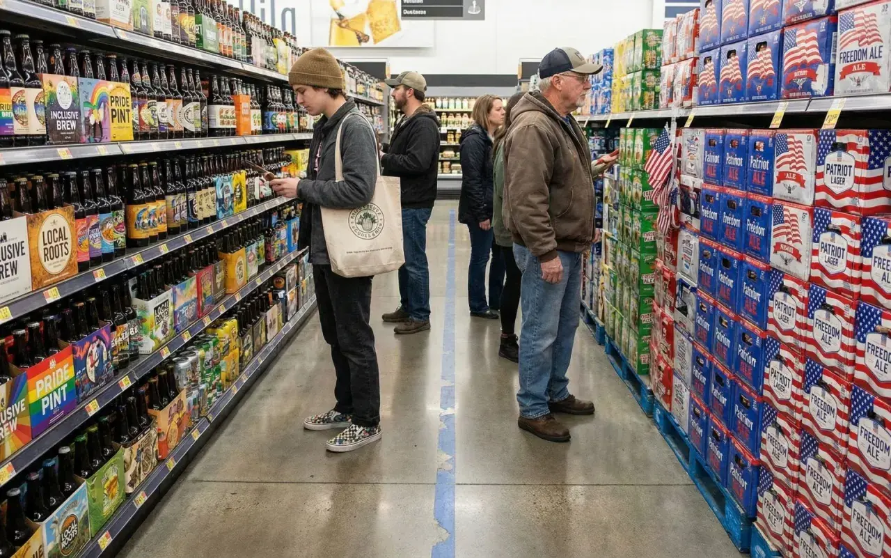 Des clients choisissent des bières dans un rayon de brasserie américaine, avec des caisses de "Patriot Lager" et "Freedom Ale" en arrière-plan.