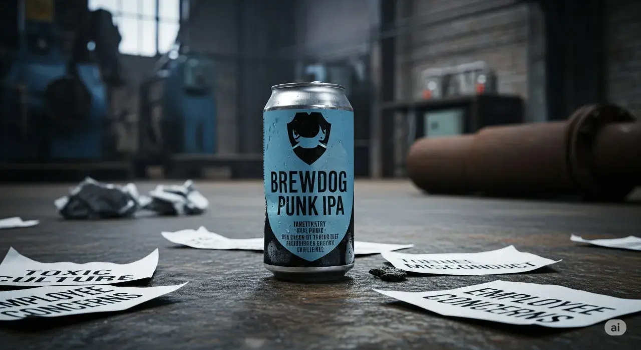 Une canette de Punk IPA de BrewDog, au milieu de papiers froissés et de notes sur la "culture toxique" et les "préoccupations des employés", évoquant l'origine de la marque.