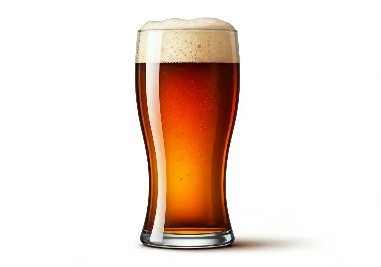 Un verre de bière ambrée anglaise, avec une mousse légère et des bulles fines.