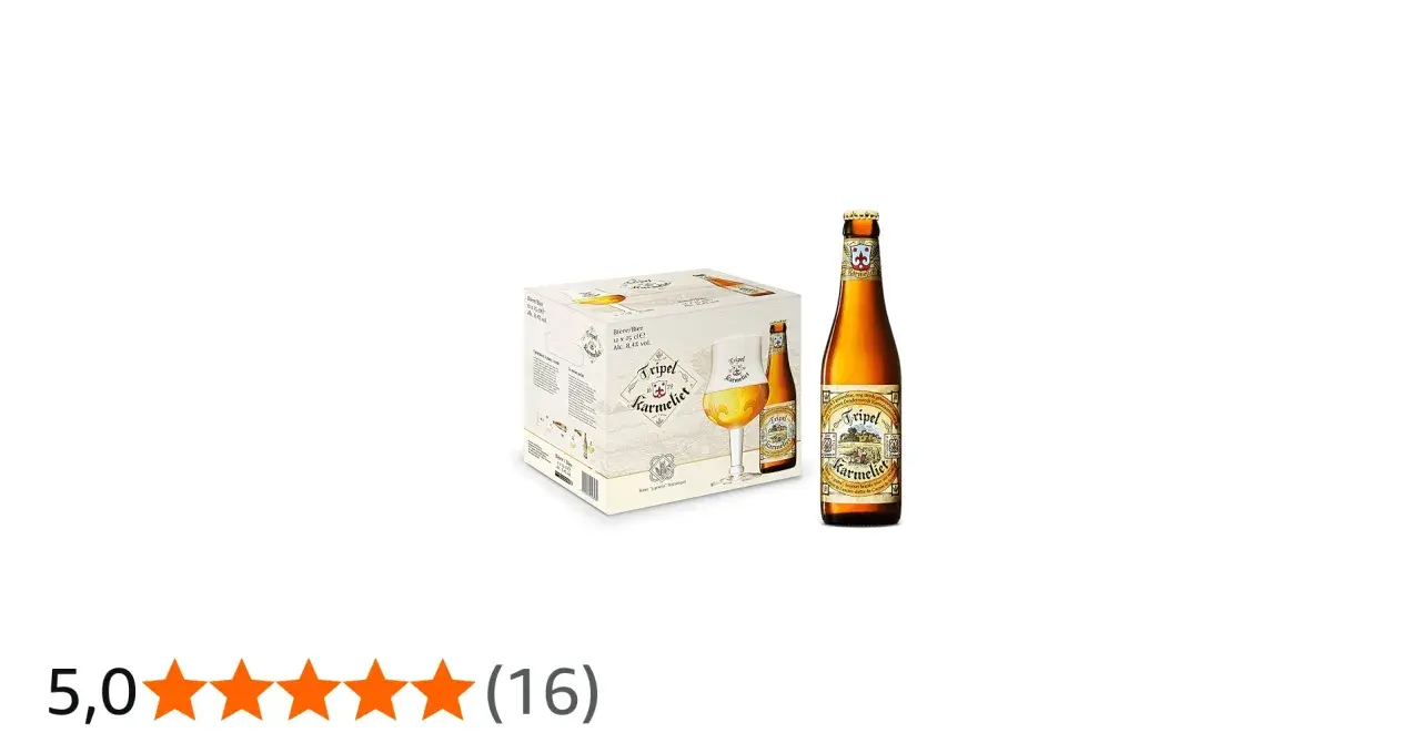 Une bouteille et une boîte de bière Tripel Karmeliet, avec un verre rempli de cette bière ambrée.
