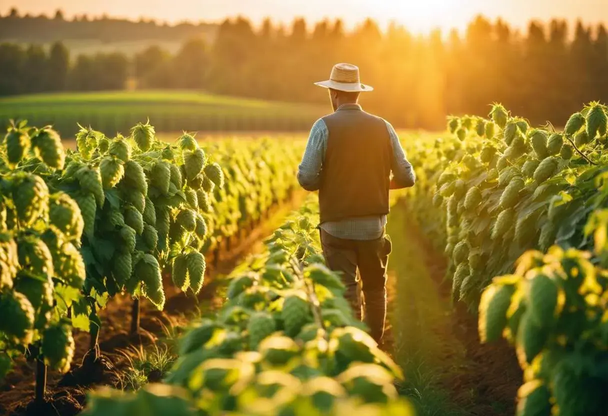 Un agriculteur en chapeau de paille traverse un champ de houblon luxuriant, baigné par la lumière dorée du soleil couchant.