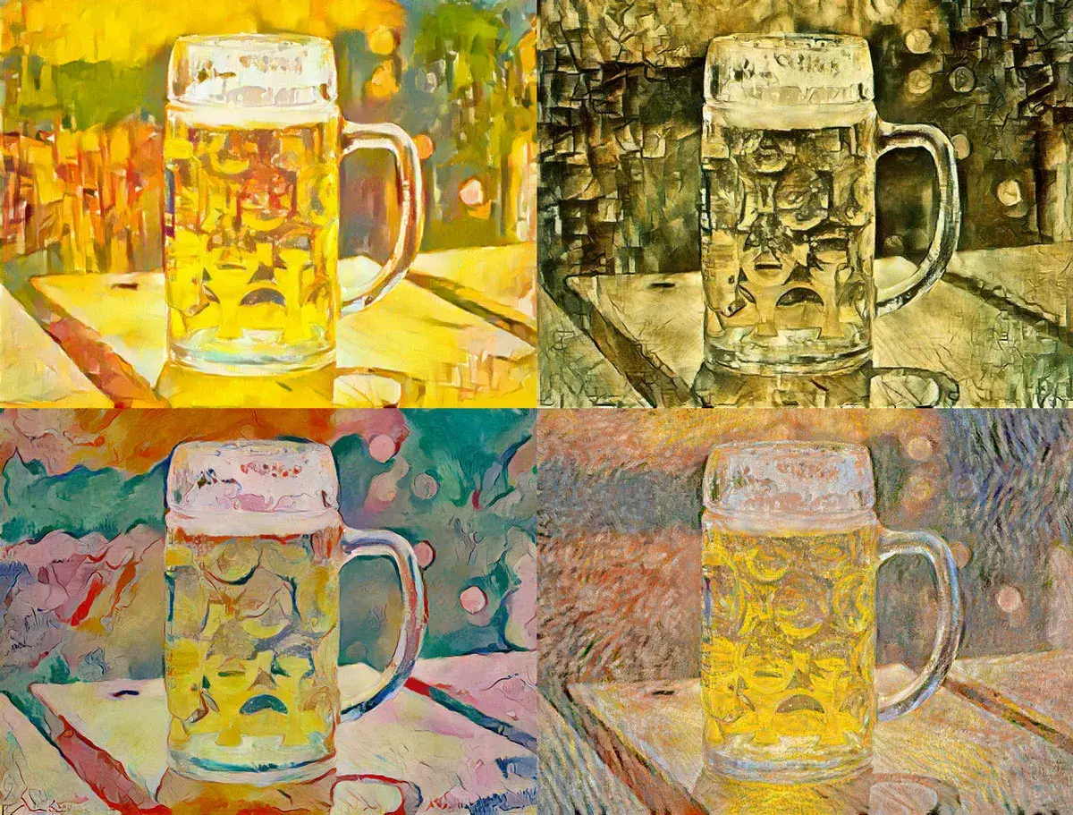 Quatre chopes de bière stylisées, comme un diacetyl rest artistique.