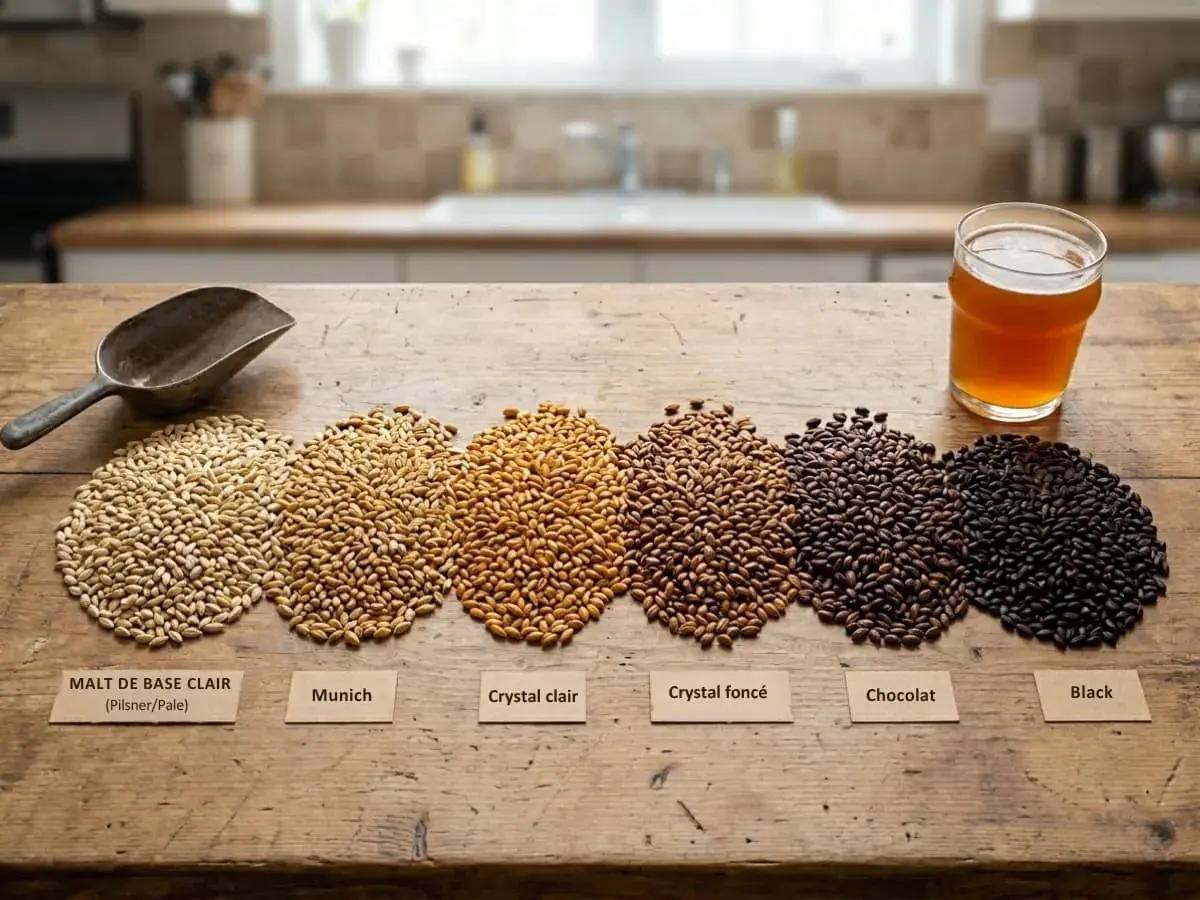 Six tas de malt, du clair au noir, sur une table en bois, avec une louche et un verre de bière ambrée. La sour est une bière acidulée.