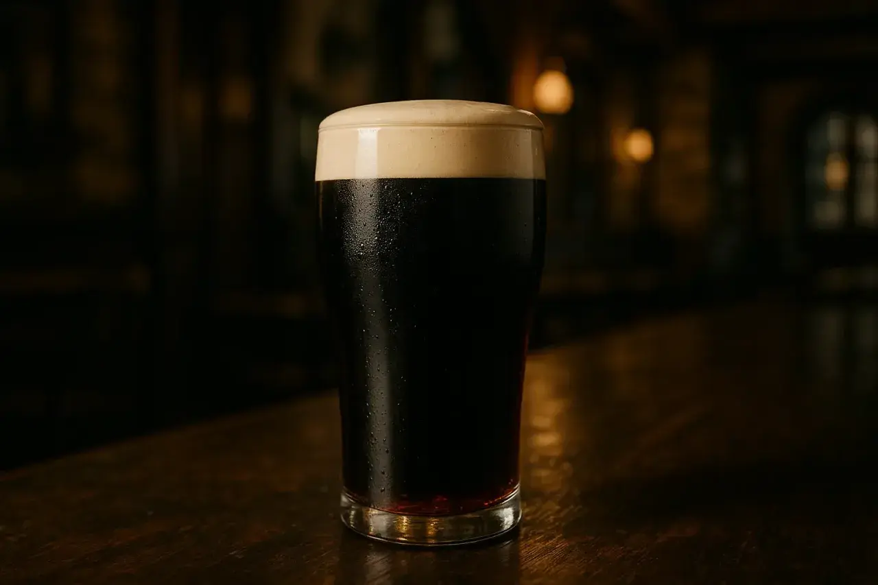 Un verre de bière irlandaise sombre avec une mousse crémeuse, posé sur un comptoir en bois.