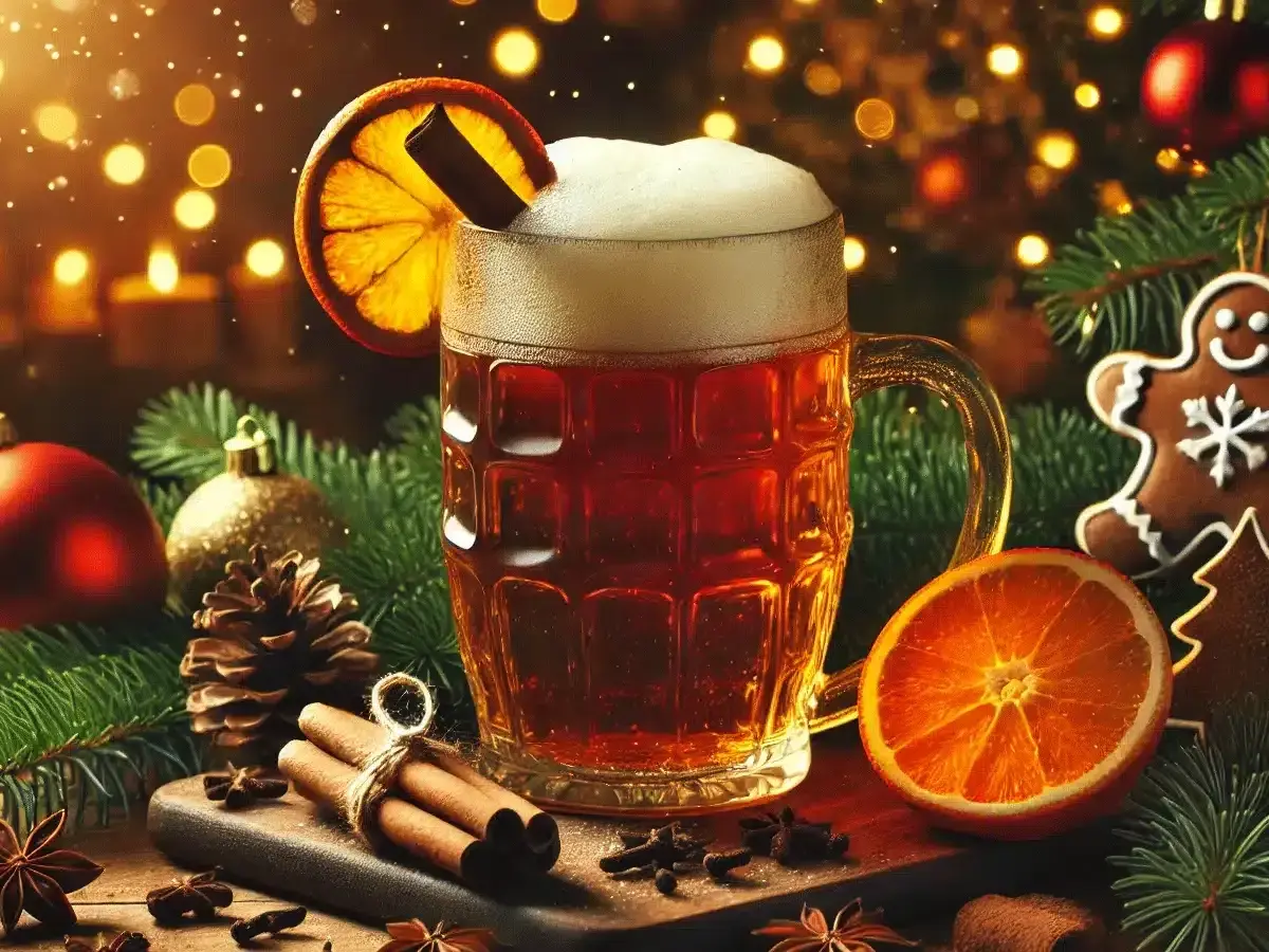Une bière chaude de Noël, garnie d'une tranche d'orange et d'un bâton de cannelle, entourée de décorations festives et d'épices.