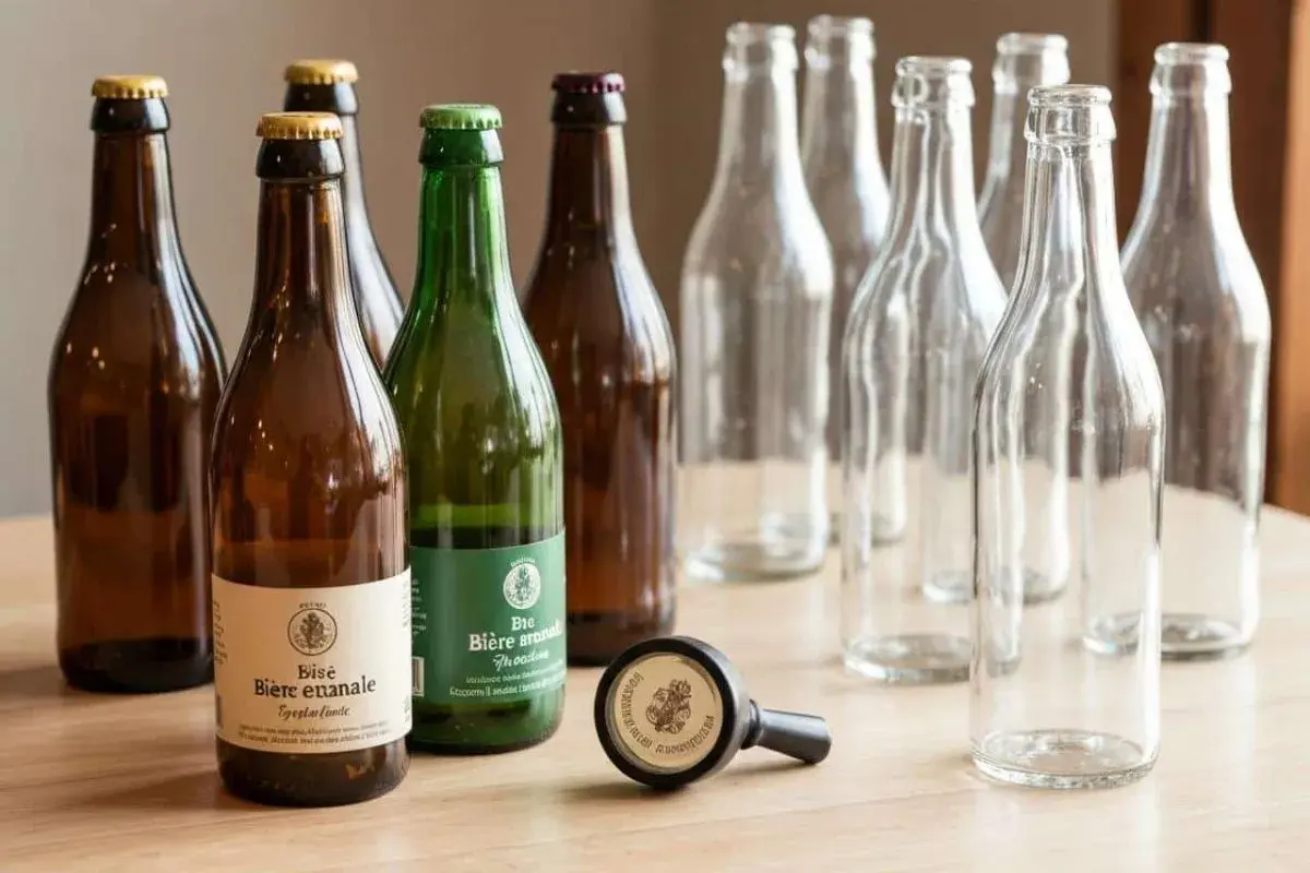 Bouteilles de bière non pasteurisée, certaines pleines, d'autres vides, sur une table en bois. Une liste de bières artisanales.