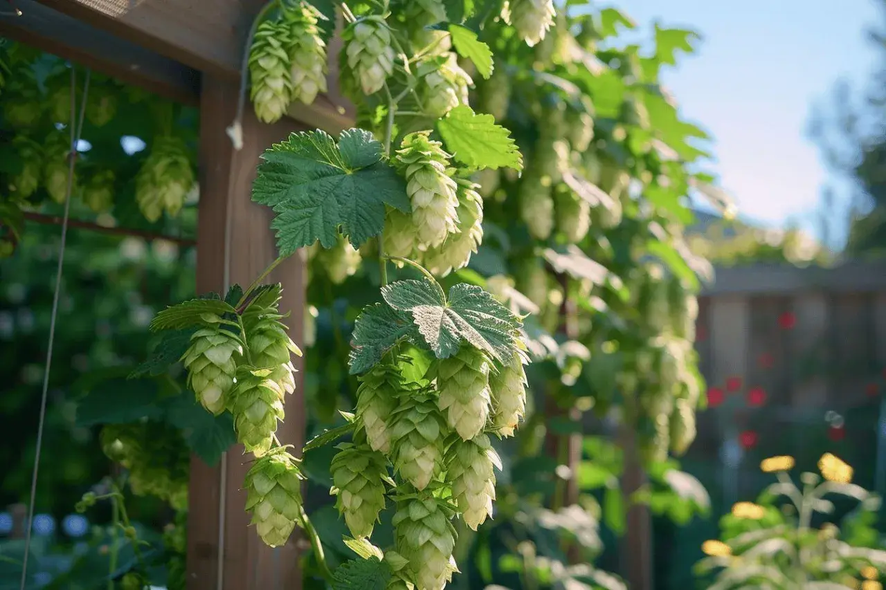 Des cônes de houblon verts pendent d'une treille en bois, montrant comment pousse le houblon.