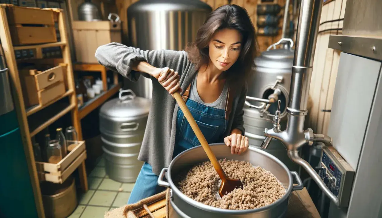 Une femme prépare sa levure dans une cuve, mélangeant des grains avec une spatule en bois. L'ambiance rappelle un atelier de brassage artisanal.