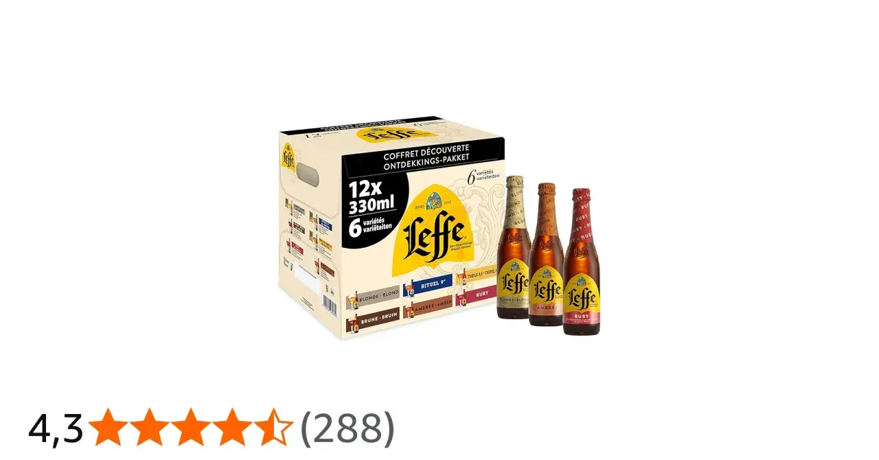 Coffret découverte Leffe avec 12 bières de 6 variétés différentes. Trois bouteilles Leffe Blonde, Ambrée et Ruby sont présentées.