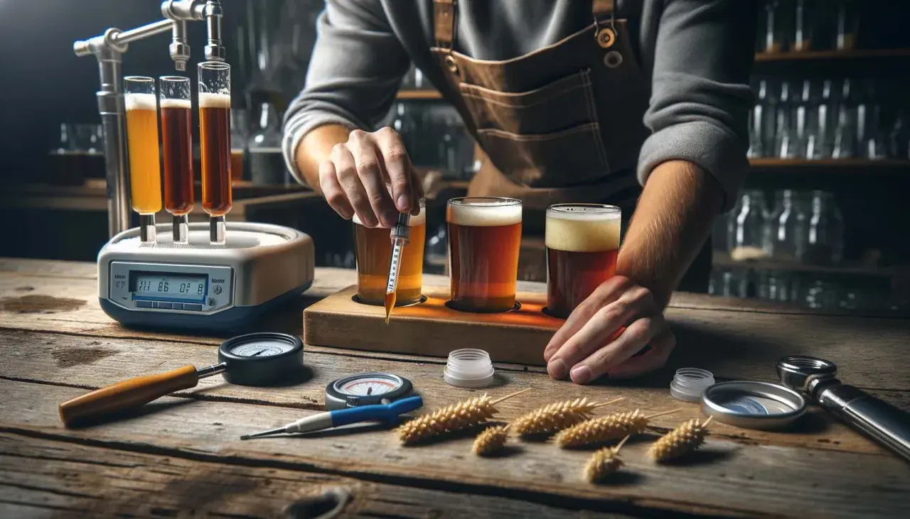 Un brasseur teste des échantillons de bière, une pipette à la main. Des outils de mesure et des épis de blé sont sur la table, suggérant une expérimentation sur comment baisser l'alcalinité de l'eau.