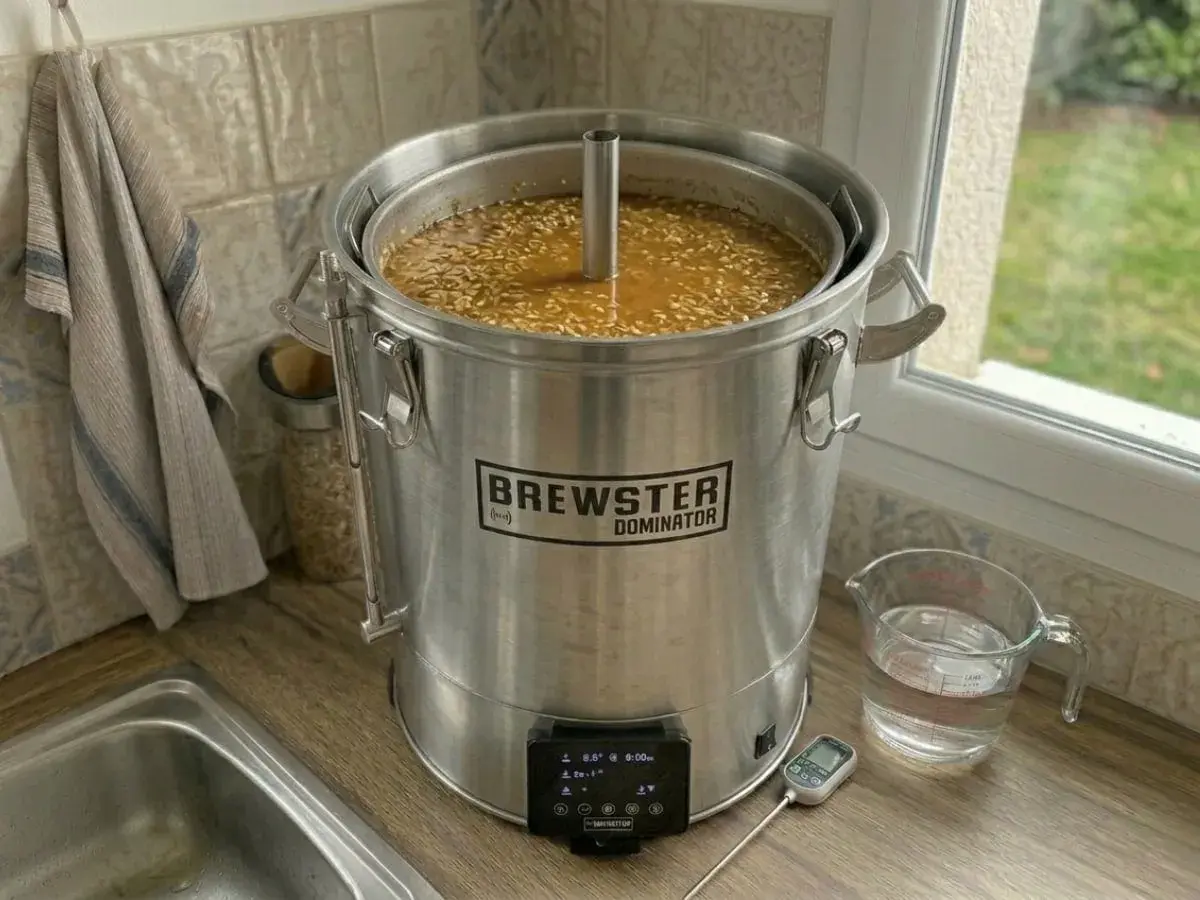 Cuve de brassage "Brewster Dominator" remplie de moût pour une bière smash. Thermomètre et bécher d'eau à proximité.