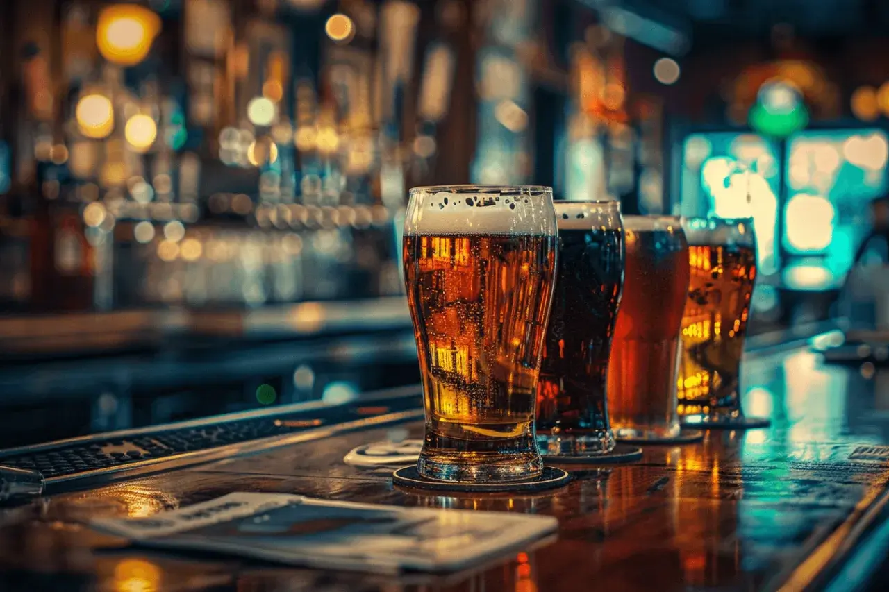 Quatre verres de bière sur un bar, avec des lumières floues en arrière-plan. L'un d'eux a un léger faux goût de bière.