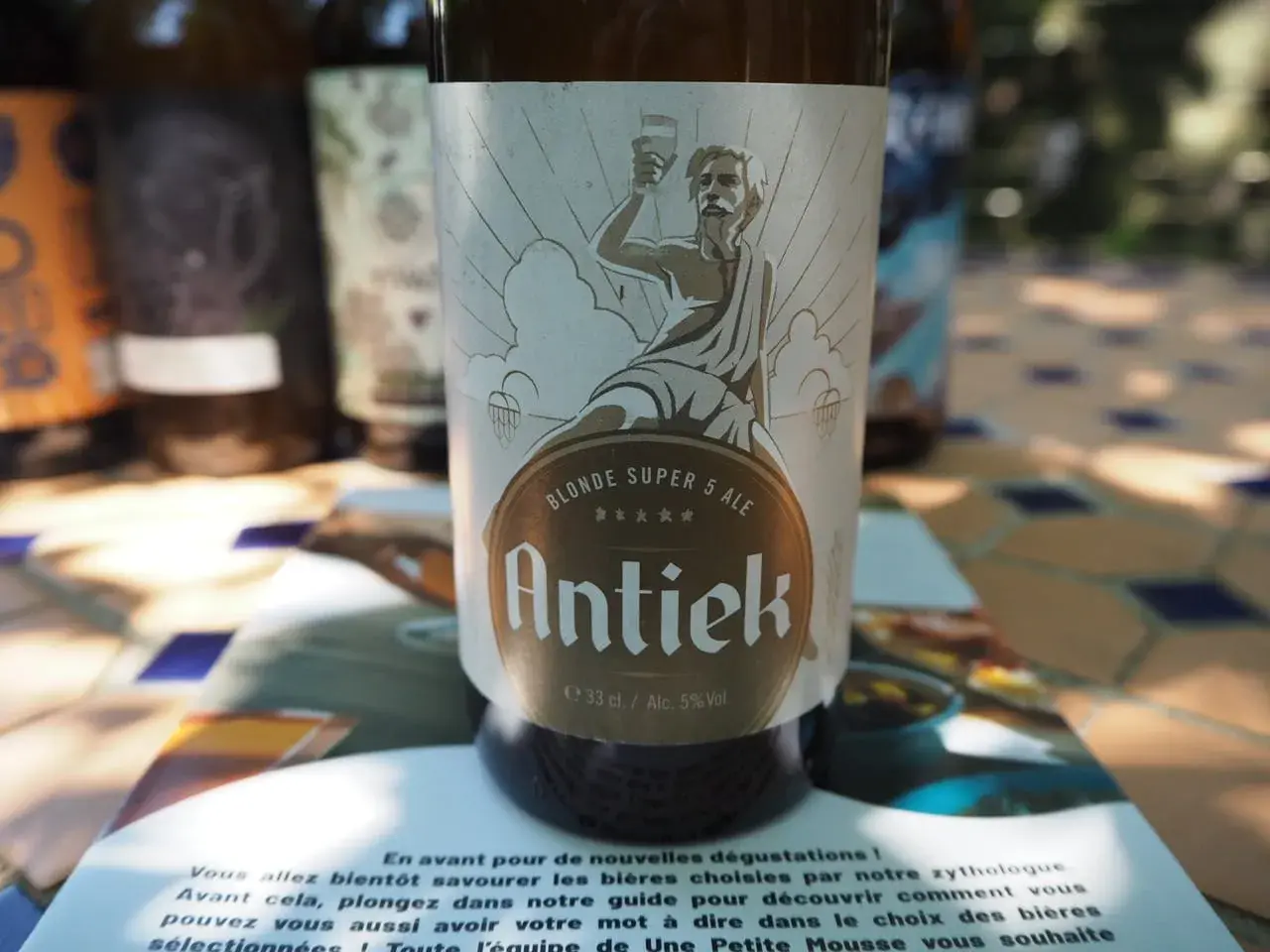 Une blonde française, la bière Antiek, sur une table ensoleillée.