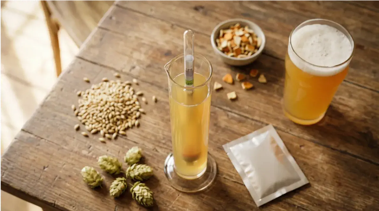 Ingrédients pour une bière sans orge : houblon, malt, levure et écorces d'orange. Un verre de bière dorée et un densimètre complètent la scène.