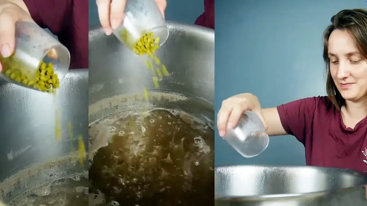 Préparation d'une recette NEIPA : ajout de houblon dans une marmite bouillonnante.