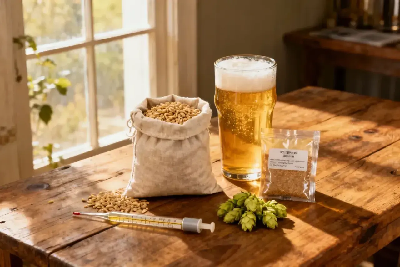 Verre de bière dorée, sac de grains, cônes de houblon jardin et thermomètre sur une table en bois.