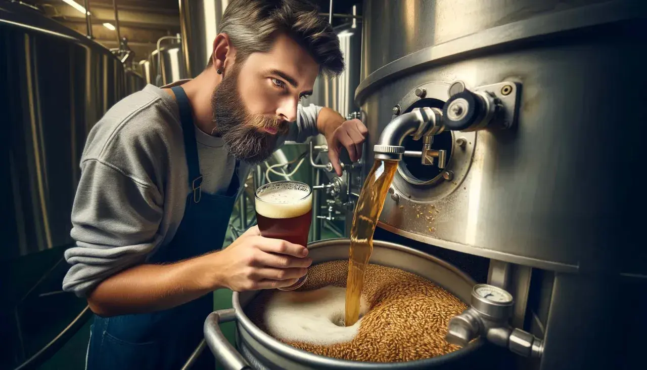 Un brasseur d'eau, barbe grisonnante, observe le liquide ambré couler dans un cuve remplie de grains.