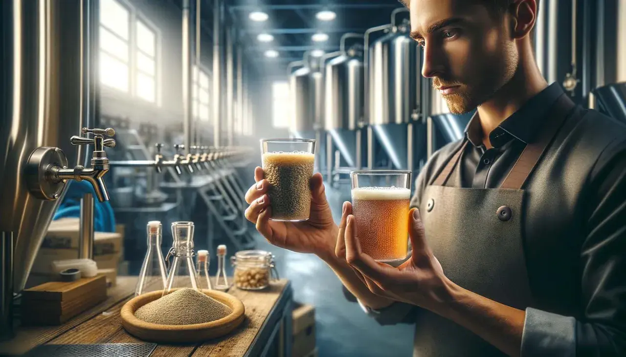 Un brasseur compare deux verres, l'un avec des grains, l'autre avec de la bière. Il réfléchit à a quoi sert un starter pour la fermentation.