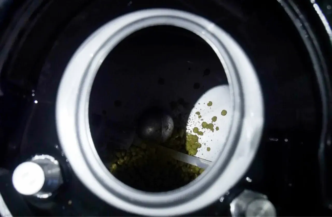 Vue de dessus d'un récipient rempli de houblon. Des granulés verts, le houblon, sont visibles, certains tombant comme un "hop creep" dans le fond sombre.