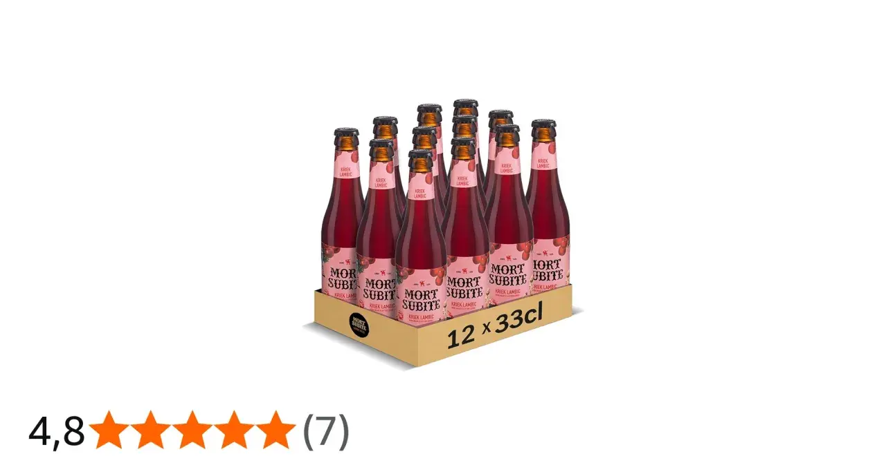 Douze bouteilles de bière Mort Subite Kriek Lambic, 33cl. Le pourcentage d'alcool n'est pas visible.