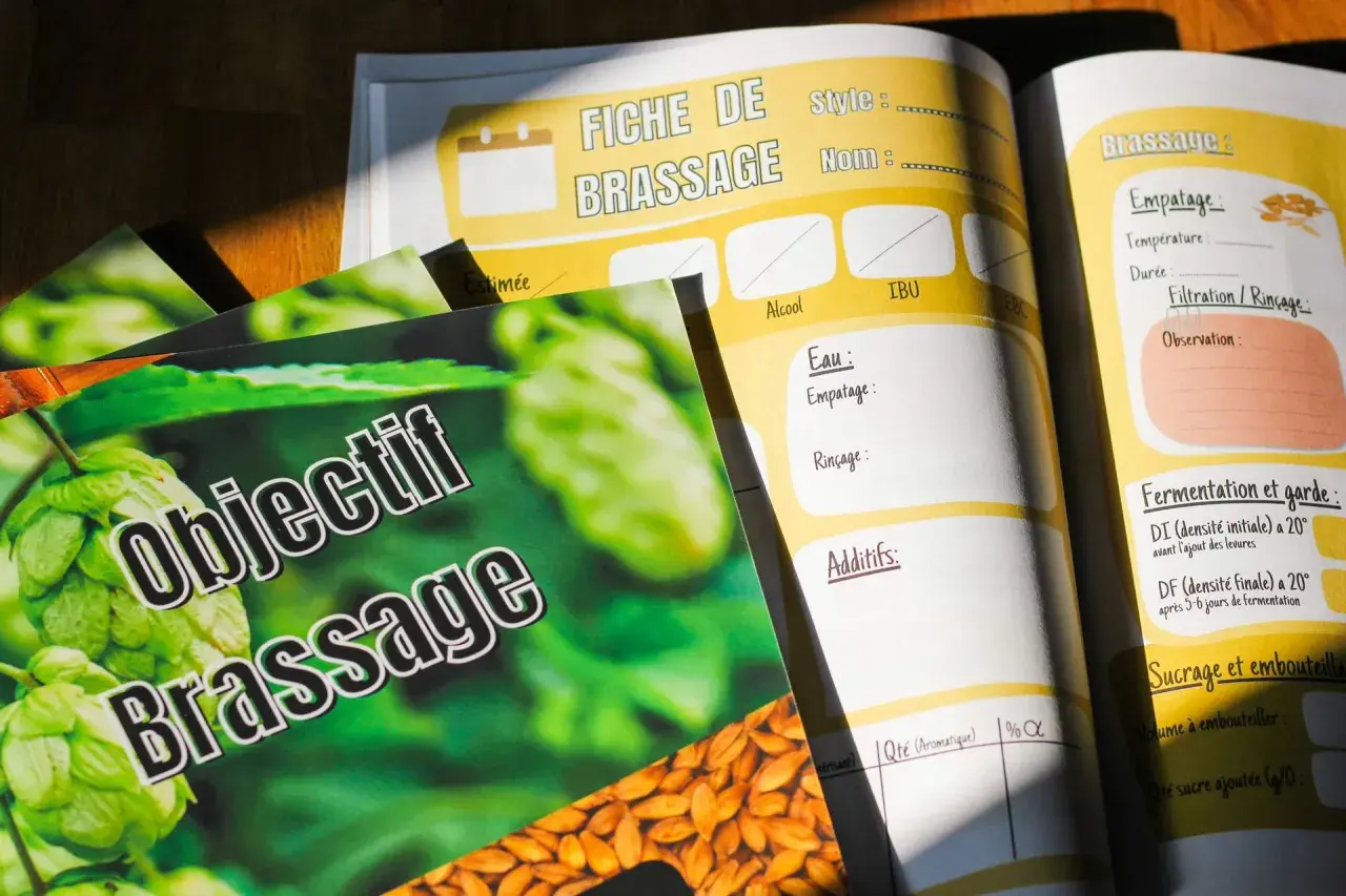 Fiches de brassage et objectifs pour le brassage agroalimentaire, avec des images de houblon et de malt.