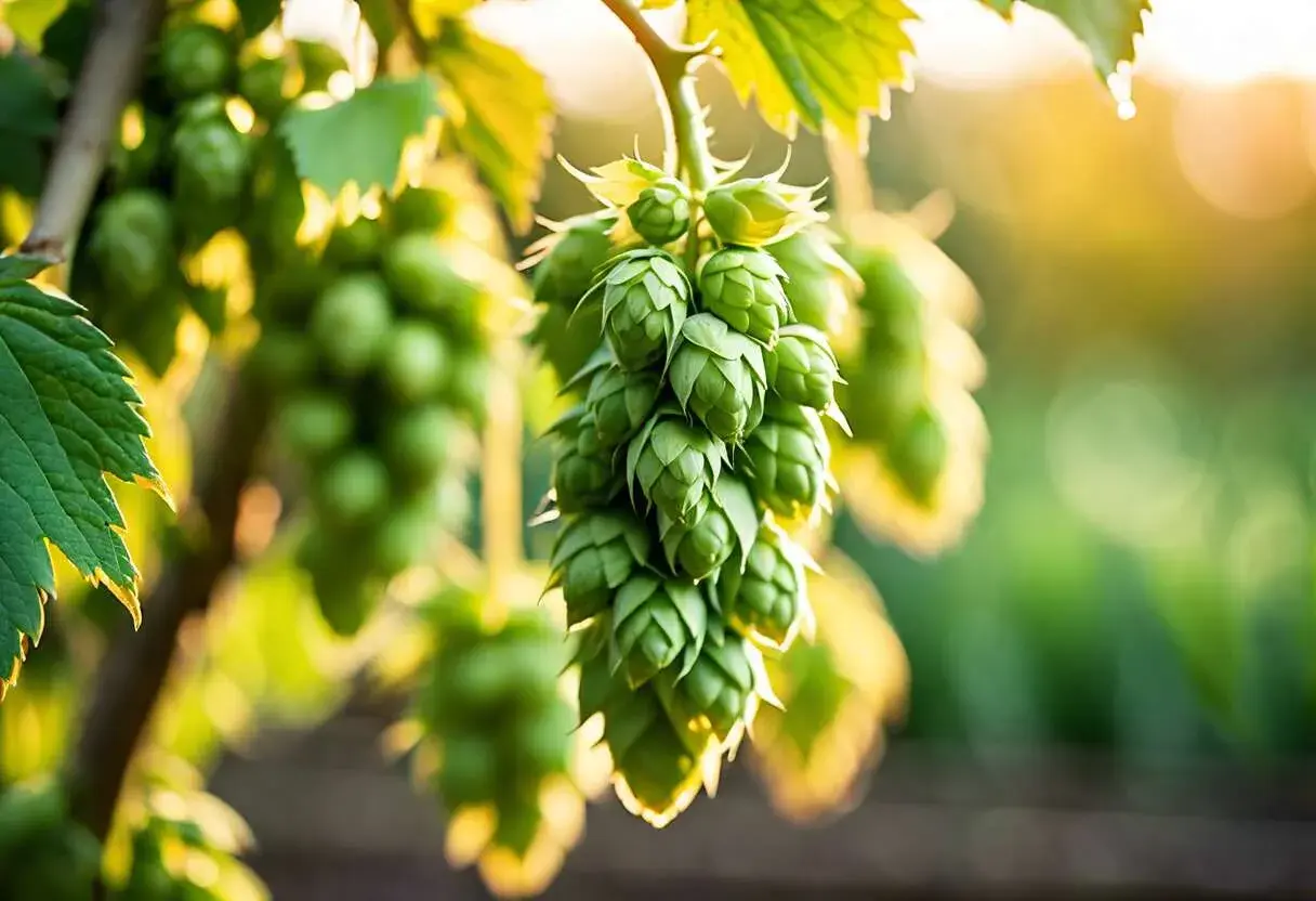 Grappes de houblon mur, baignant dans la lumière dorée du soleil couchant. Les cônes verts sont prêts pour la récolte.