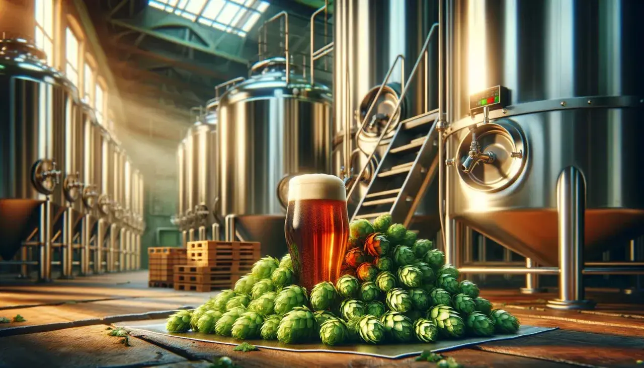 Verre de bière ambrée sur un tas de houblon sec, entouré de cuves de brassage.