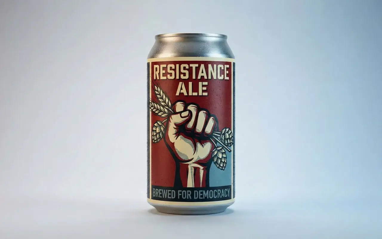 Canette de bière américaine "Resistance Ale", brassée pour la démocratie, avec un poing serré tenant du blé et du houblon.