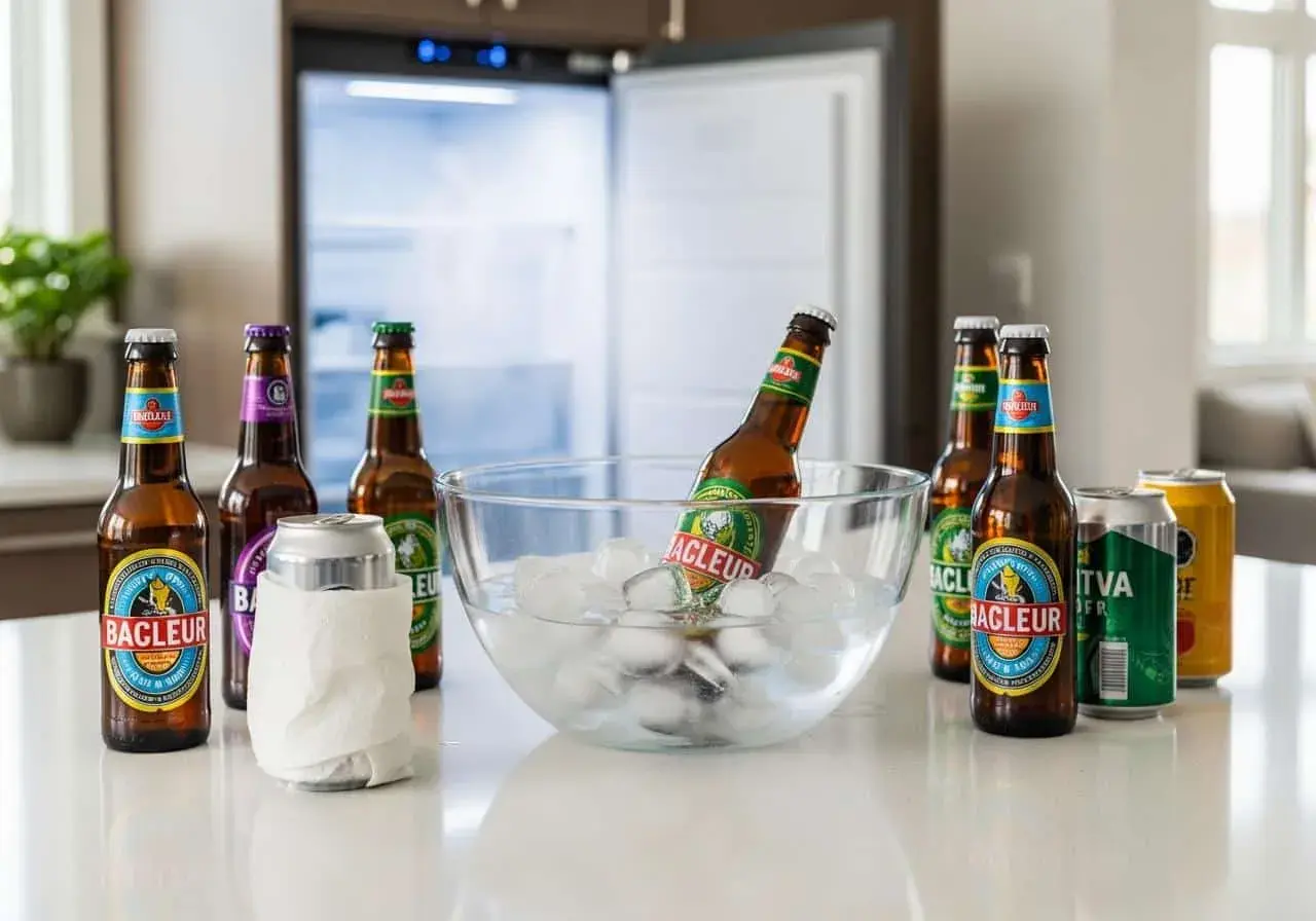 Bouteilles de bière Bagleur refroidissant dans un bol de glace. Attention, cette bière pourrait avoir un effet laxatif !