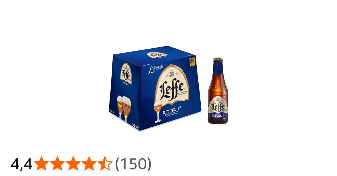 Boîte de 12 bières Leffe Rituel 9°, une bière blonde belge forte, intense et moelleuse. Une bouteille est présentée à côté.