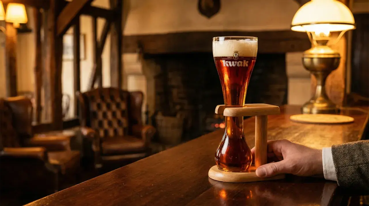 Un verre de bière Kwak ambrée, sur son support en bois, dans une ambiance de pub cosy.