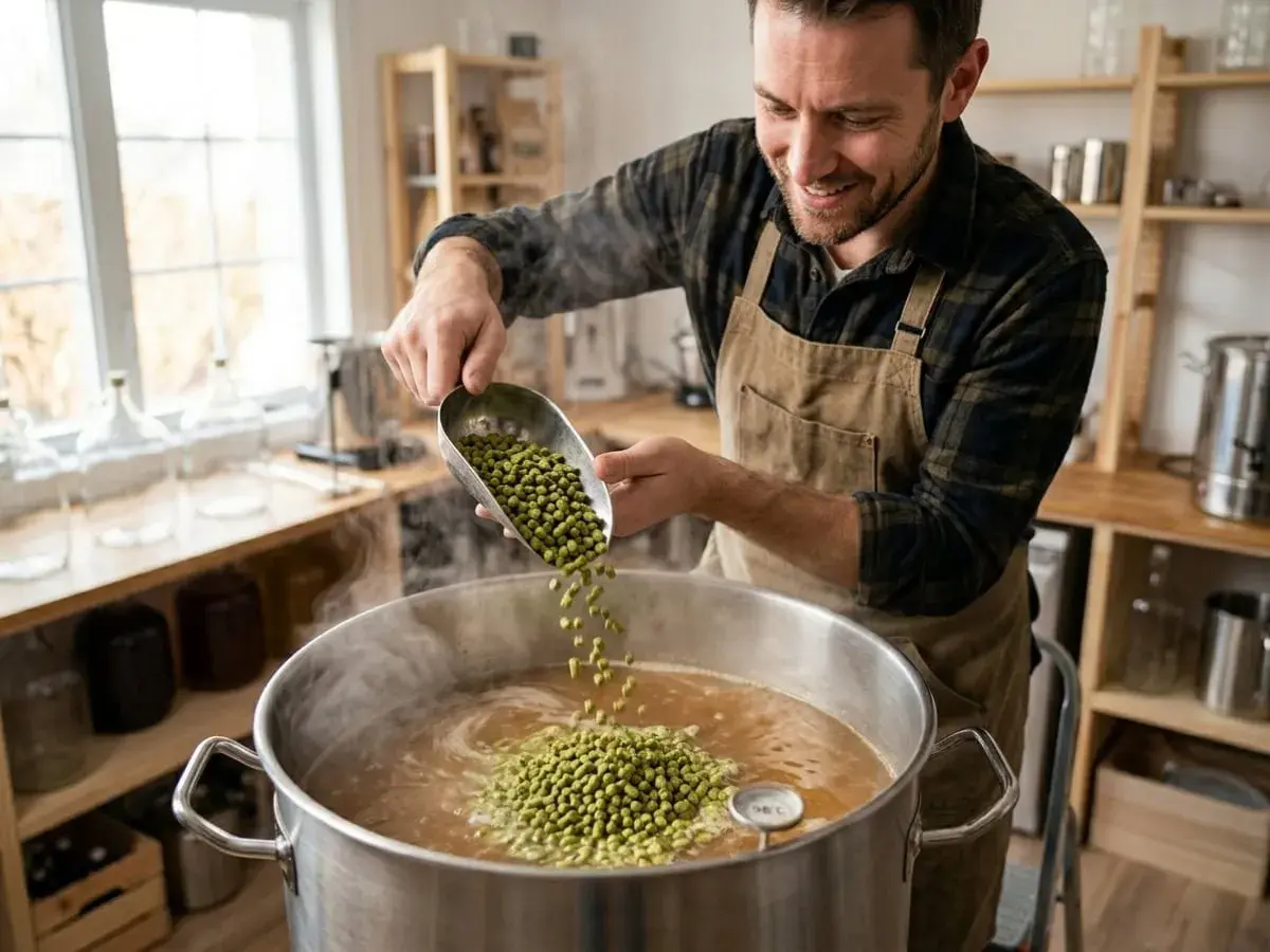 Un brasseur ajoute du houblon à une grande marmite bouillante, suivant une recette pour sa bière maison.